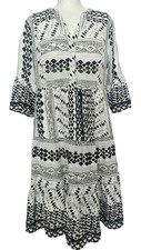 F&F Black White Ikat Cotton Tiered Dress Half Button V Neck Fit Flare 14 uk