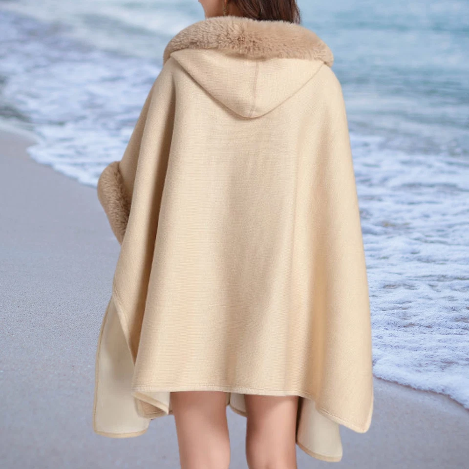 Women’s Hooded Faux Fur Cape Coat Winter Warm Shawl Poncho Jacket Beige - Image 4 of 4