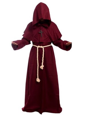 Medieval Priest Monk Robe Hooded Cloak Wizard Sorcerer Cape (X-Large,Wine Robe)