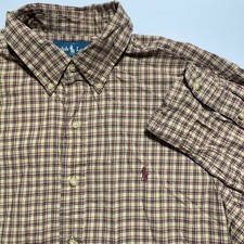Ralph Lauren Mens Classic Fit Plaid Button Down Shirt Tan Burgundy Large