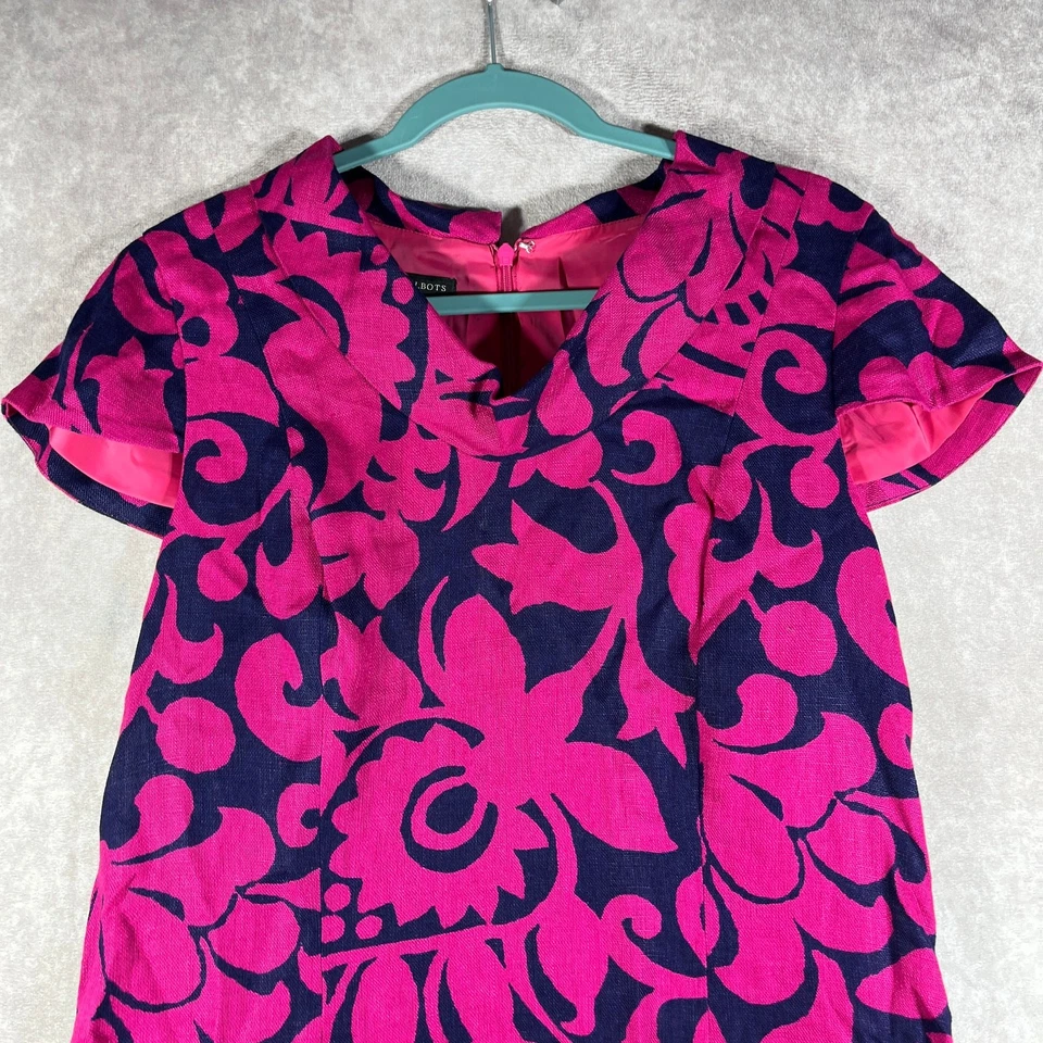 Vestido Talbots Mujer Talla 16 Azul Marino Rosa Floral Lino Carrera Oficina Iglesia Foto 2 de 4