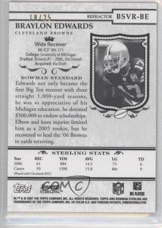 2007 Bowman Sterling Veteran Relics Black Refractor /25 Braylon Edwards #BSVR-BE - Image 2 of 2