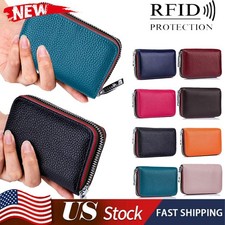 RFID Blocking Women Men Genuine Leather Wallet Credit Card Holder Zipper Pocket