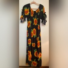 Dress Women’s XL Black Maxi Sunflowers Elastic Waist Sparkles Fairy Cottagecore