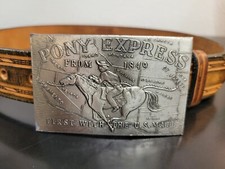 Pony Express Belt Buckle With Leather Belt Made In USA Size 30