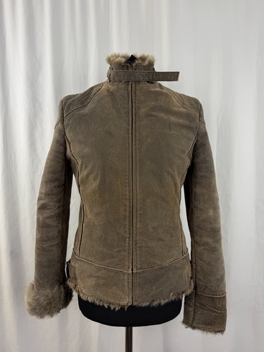 Damen MNG Lederjacke Kunstfell gefüttert braun Größe 12 Wildleder Biker Winter - Bild 9 von 23