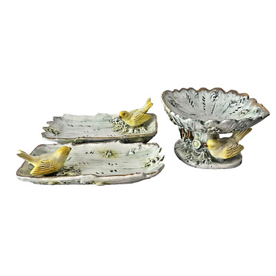 3 Pc UCAGCO Japan Trinket Candy Dish Ceramic Green White Yellow Bird VTG