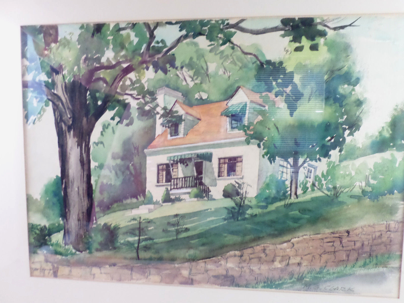 Mid Century Bungalow House Watercolor M.G. Clark Framed Vintage