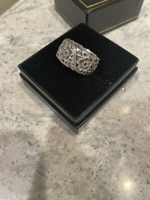 Antique Ornate Sterling Silver Forget Me Not Flower Ring Band Art Nouveau 