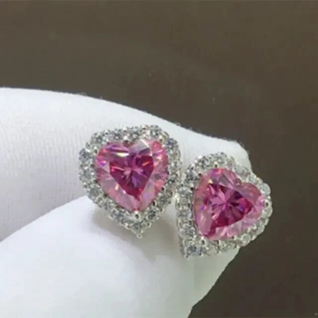 14K White Gold Plated Heart Cut Simulated Sapphire  Gorgeous Heart Stud Earring - Image 3 of 4