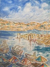 Watercolour Coastal with Boats and Umbrellas on the Mediterranean 50 x 30 cm Anonymous