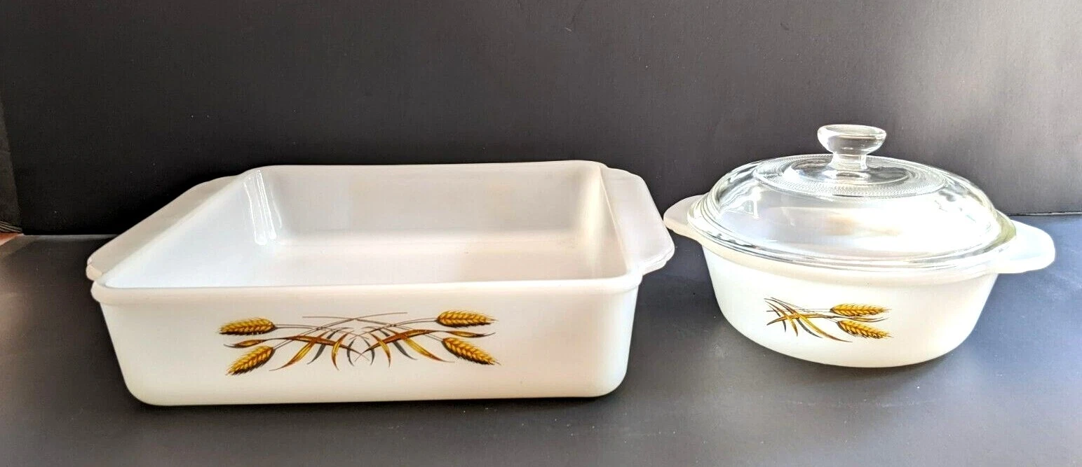 VNT Fire King Golden Wheat Covered Casserole Dish 1 Pint & Baking Pan 8" 1960s