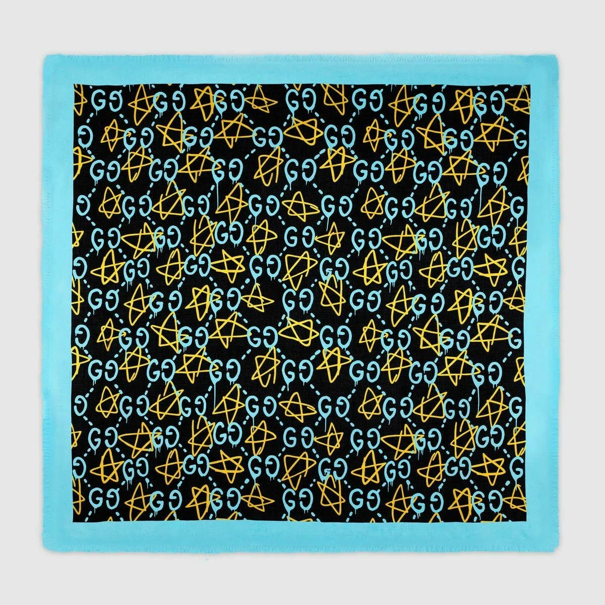 Grand châle écharpe en soie modale Gucci Ghost noir bleu GG Star avec boîte 448172 1069