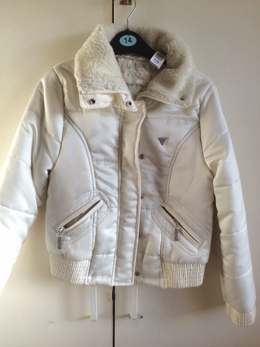 Guess White Bomber Jacket With Fur Collar UK XS eBay