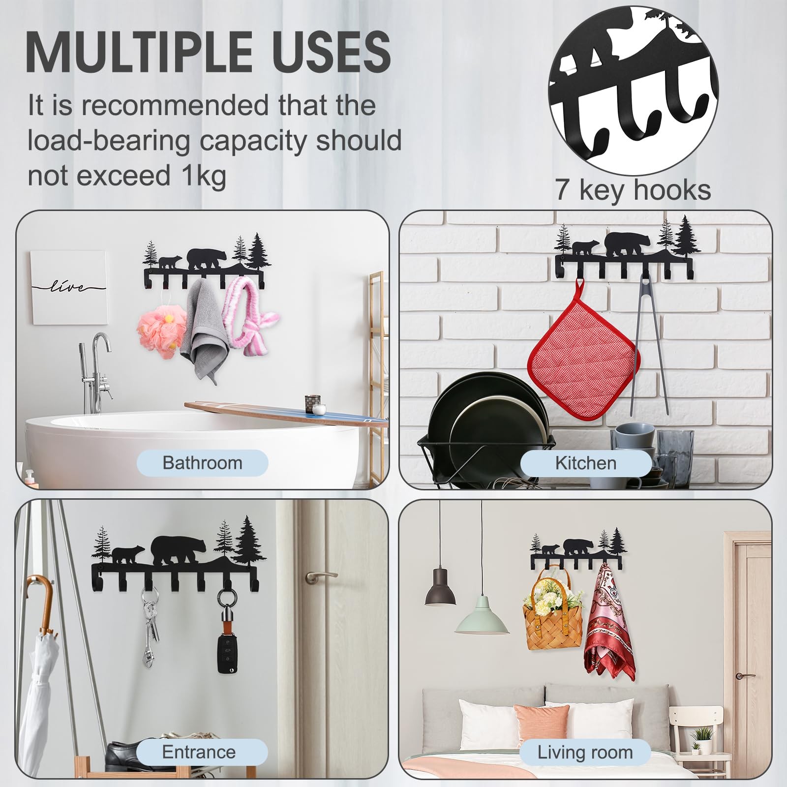 Metal Bear Keys Hooks 11.8X5.1X1.18 Inch Decorative Wall Mounted Black Holder