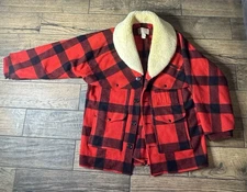 Vintage Filson Lined Mackinaw Wool Shearling Collar Packer Coat Buffalo Plaid L