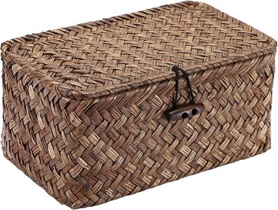 Handwoven Seagrass Basket Wicker Shelf Basket with Lid Rectangular Multipurpose