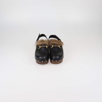 Gucci Black Leather and Fur Amstel Horsebit Slingback Clog Sandals