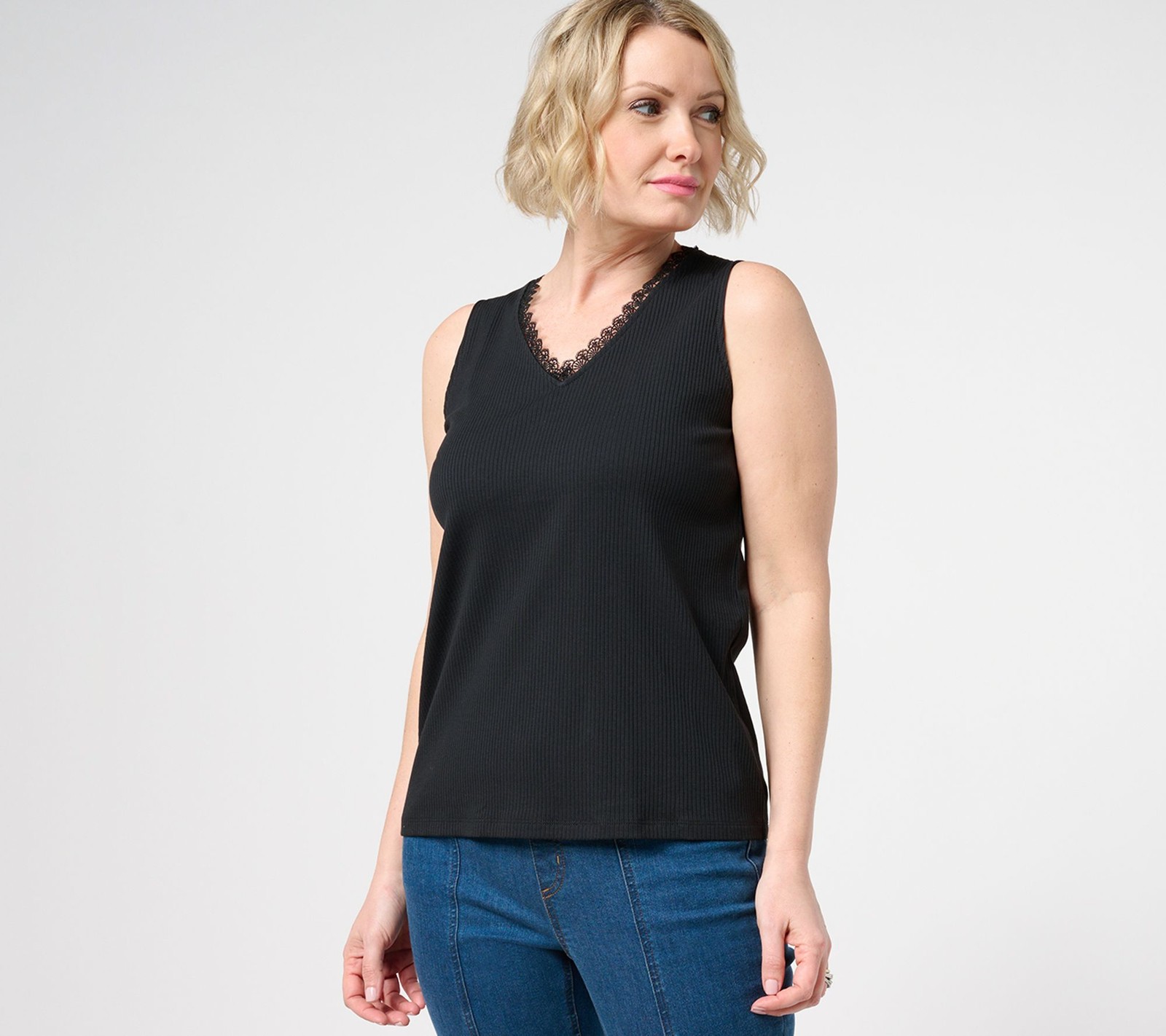 Isaac Mizrahi Live! Women's Top Sz M Rib Knit Tank Lace Trim Black A688031