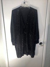 Boohoo Black Mini Sequin Dress Size 20 V Neck Long Sleeve Cocktail Party