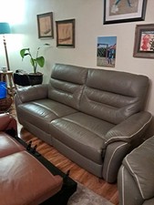 Grey Leather 3-Seater Sofa Solid Plain Cushioned Back Padded Arms 200cm