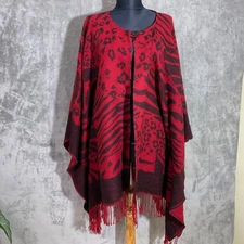 Chicos Women’s  Animal Print Poncho Shawl Wrap One Size Red one button