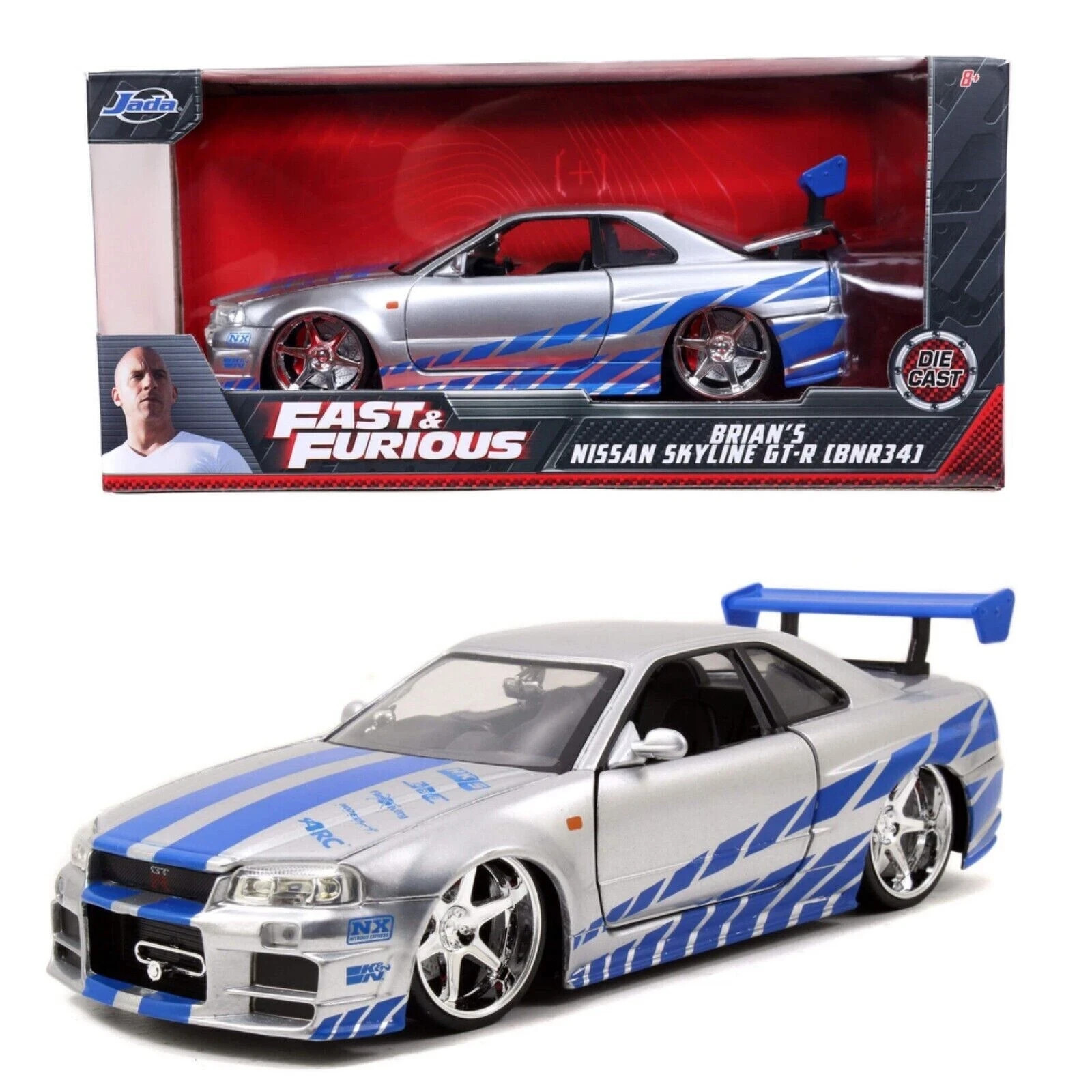JADA 97158  2002 NISSAN SKYLINE GTR R34 SILVER FAST AND FURIOUS 7  1:24 DIECAST