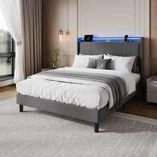 Full Queen Platform Bed Frame w/Upholstered Headboard,LED Light,Charging Station