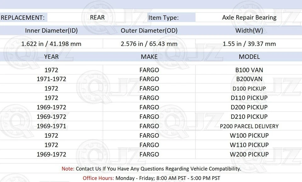 [TRASERO (cantidad 1)] Repuesto de cojinete de eje para camioneta Fargo W200 1969-1972 Foto 2 de 4