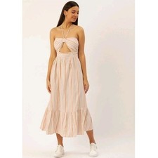 Forever 21 Women's Stripe Cut Out Halter Maxi Dress Size XL Linen Cotton 