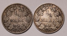 1905 D & E  Germany 1/2 Mark Silver Coins (2) KM# 17