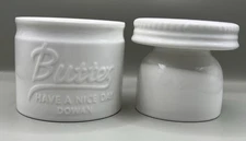 Dowan Ceramic French Butter Bell Keeper Crock Mason Jar White Embossed