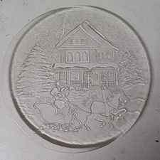 Libby Christmas House Carriage Glass Platter Plate 12.5" Diam VTG