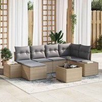 Garten Sofa Set 7-Teilig Beige Und Grau Rattan, Polyester
