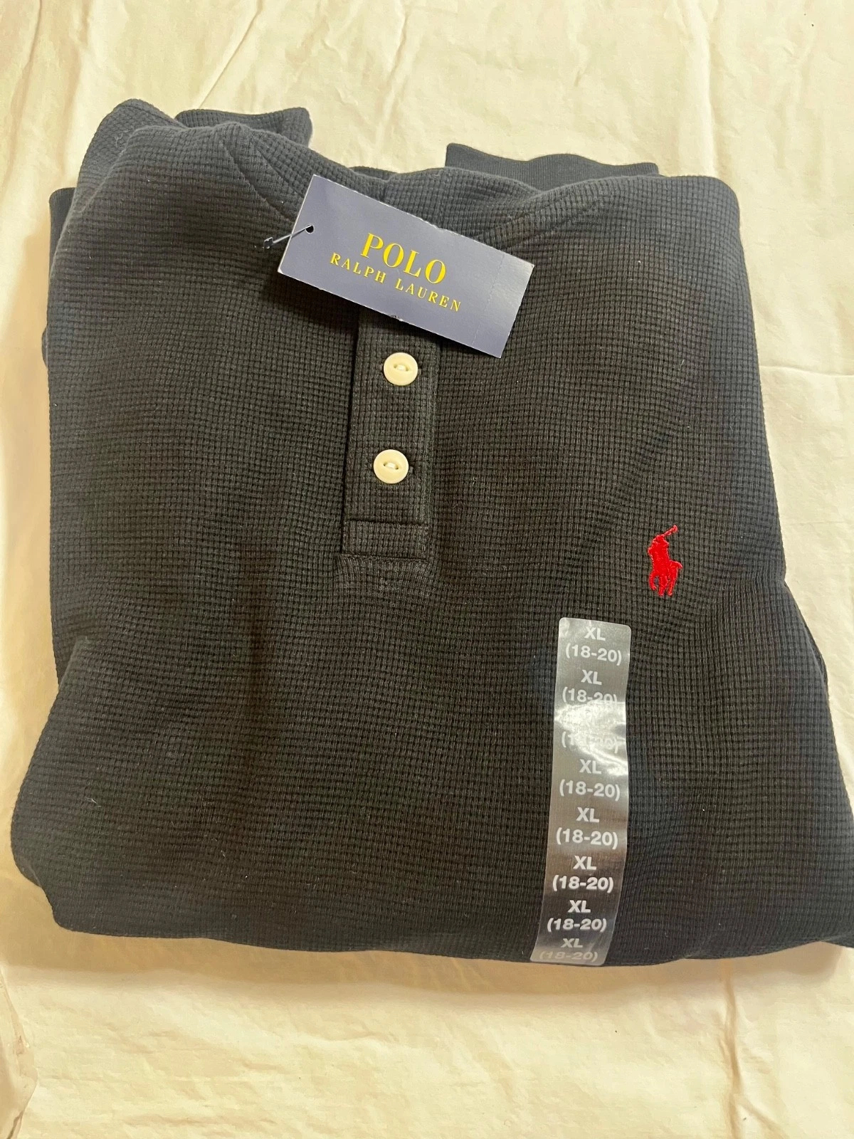 Polo Ralph Lauren Men's Black Cotton Waffle Knit Thermal Pullover Hoodie Sz M
