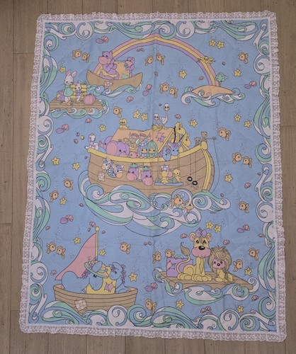 Vtg Precious Moments Noahs Ark Crib Comforter Reversible Baby Blanket 44 x 35"