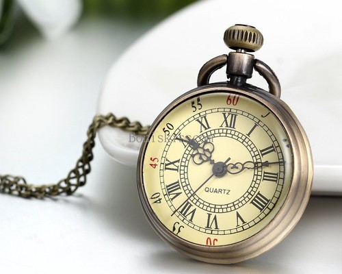 NEW Antique Vintage Bronze Tone Pendant Pocket Quartz Watch Chain Necklace Gift - Picture 2 of 3