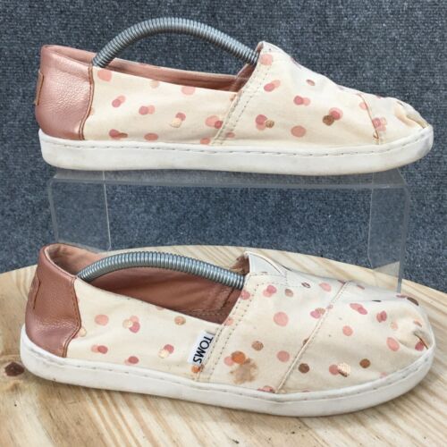 Toms Shoes Youth Girls 5 Womens 6.5 Gold Polka Dots  Casual Loafers Beige Fabric - Picture 1 of 10
