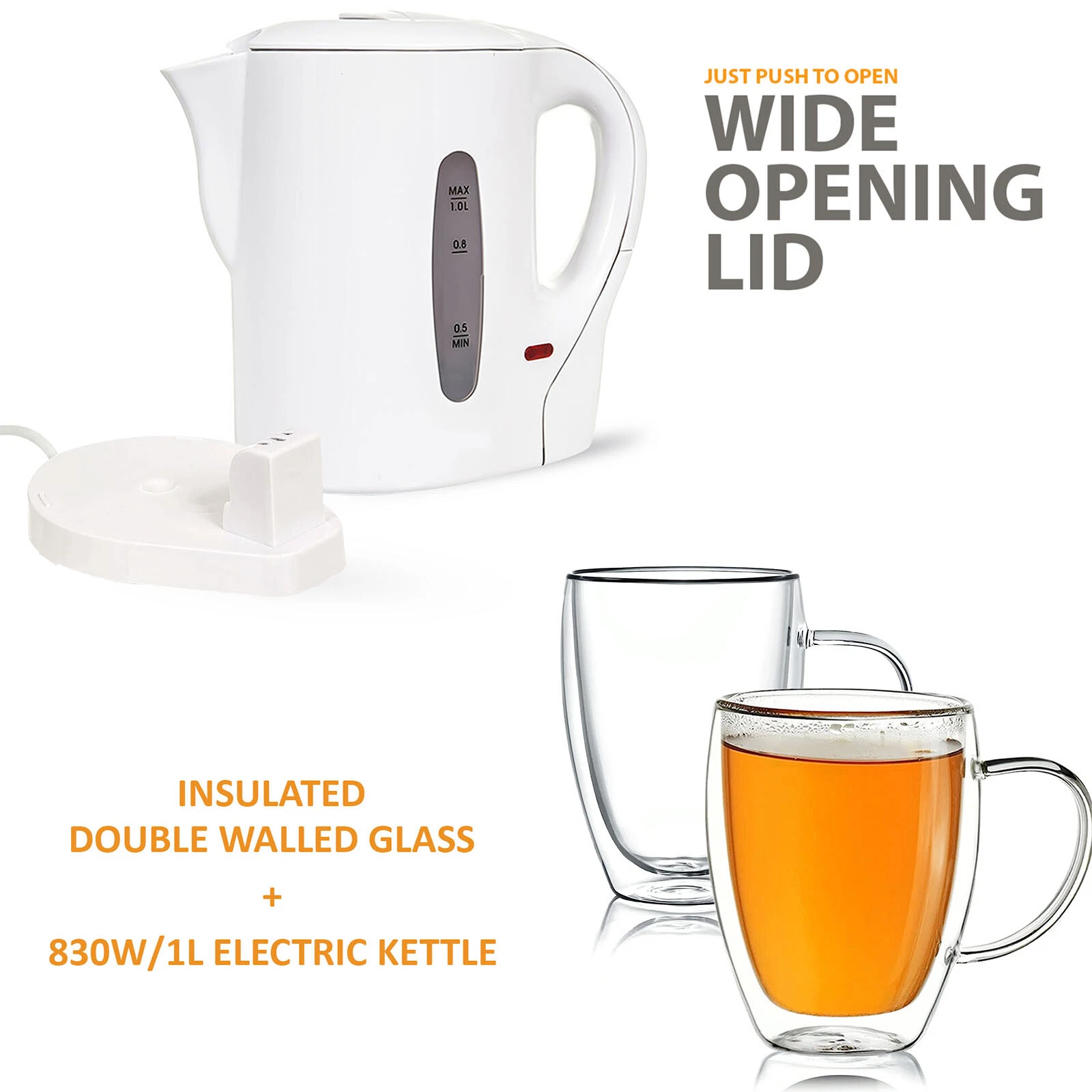 1 L WHITE 830W ELECTRIC CORDLESS KITCHEN KETTLE 350ML Insulated Glass Mugs