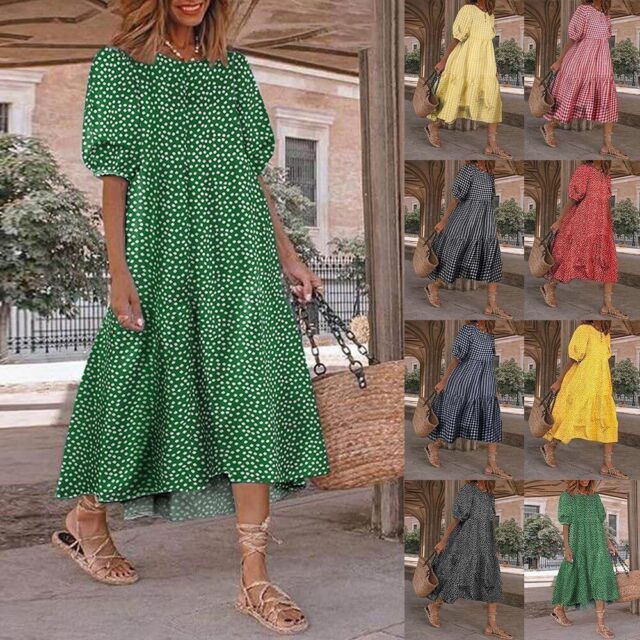Women Boho Floral Maxi Dress Summer Loose Baggy Kaftan Smock Sundress Plus Size