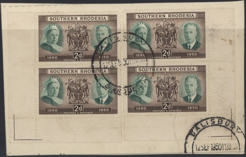 Southern Rhodesia 1950 Diamond Juibilee 2d block of 4,, used on piece, FDPM