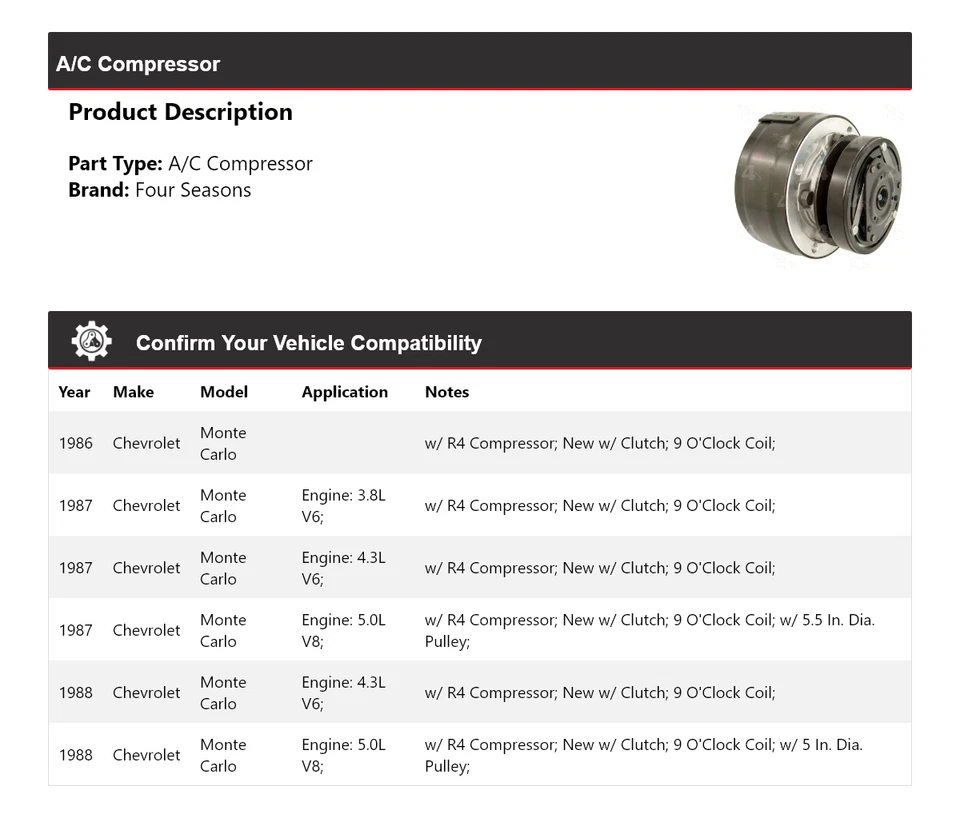 For 1986-1988 Chevrolet Monte Carlo A/C Compressor 4 Seasons 1987 - Image 2 of 4