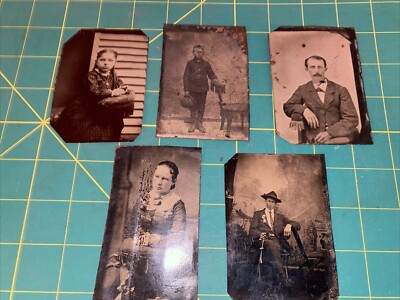 Lot of 5 Tin Type Photographs Men Women & Children Metal Antique See Pics
