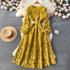 Women's Spring Hollowed Out Sweet Dress Long Sleeve Party Gown with Belt