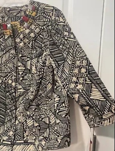 Ruby Rd Women’s Jacket Size 16W Black Beige Cotton 3/4 Sleeve Geometric Beaded - Picture 7 of 14