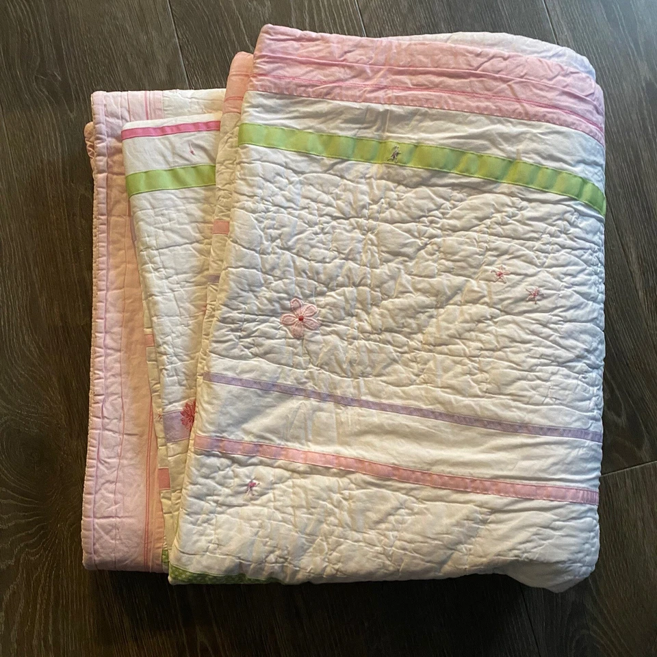 Raro Edredón Vintage POTTERY BARN KIDS Reina Completa Rosa Floral Cinta Rayas Foto 3 de 4