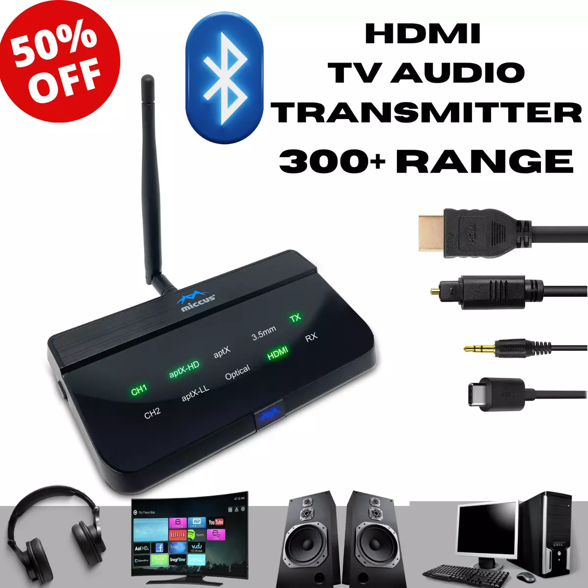 Bluetooth 5 HDMI Range Extender Transmitter for TV Headset