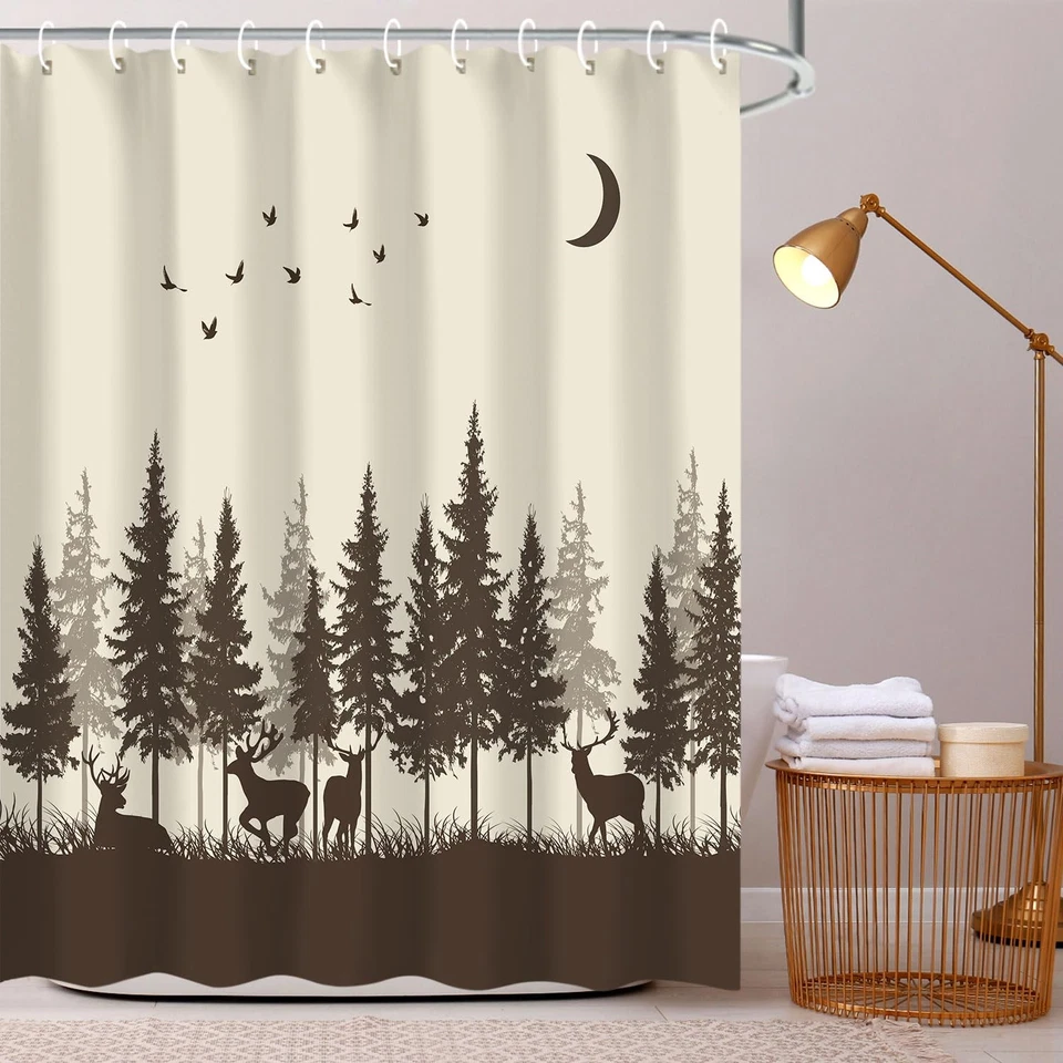 Deer Shower Curtain, Rustic Cabin 72 Inch Forest Moose Pattern Brown Shower C... - Изображение 3 из 4