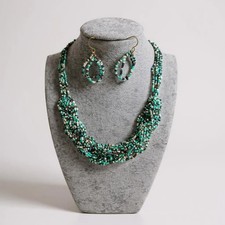 Turquoise and Brown Glass Seed Bead Beaided Necklace Earring Set