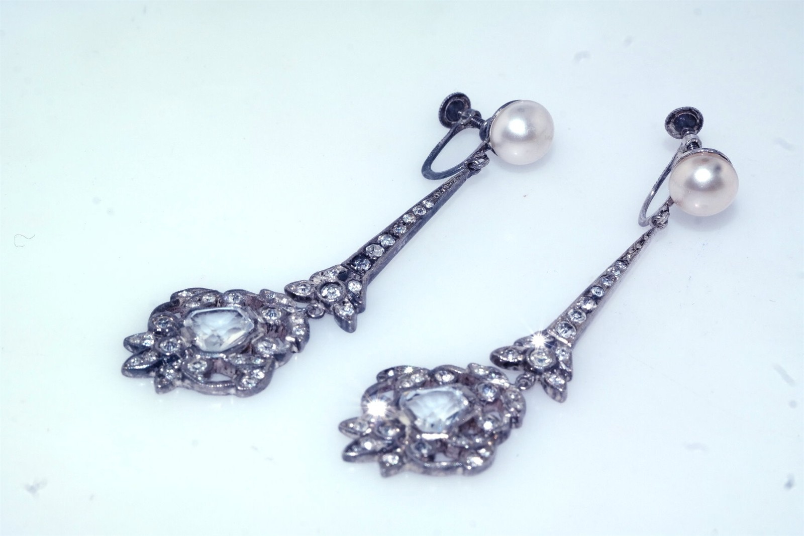 Antique Art Deco Paste Crystal & Faux Pearl Sterling Silver 2.25